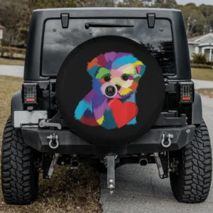 Rainbow puppy red heart dog rescue spare tire cover with camera hole option