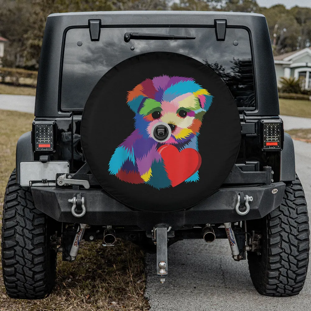 Rainbow puppy red heart dog rescue spare tire cover with camera hole option