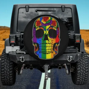 Rainbow rose skull lgbtq pride spare tire cover with vibrant roses and rainbow sugar skull on black for Jeep or SUV