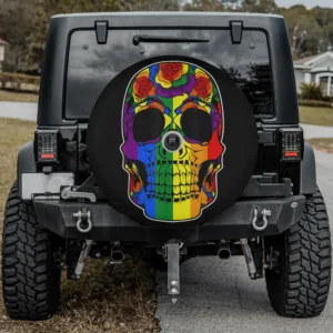 Rainbow rose skull lgbtq pride spare tire cover with backup camera hole, rainbow sugar skull and roses for Jeep