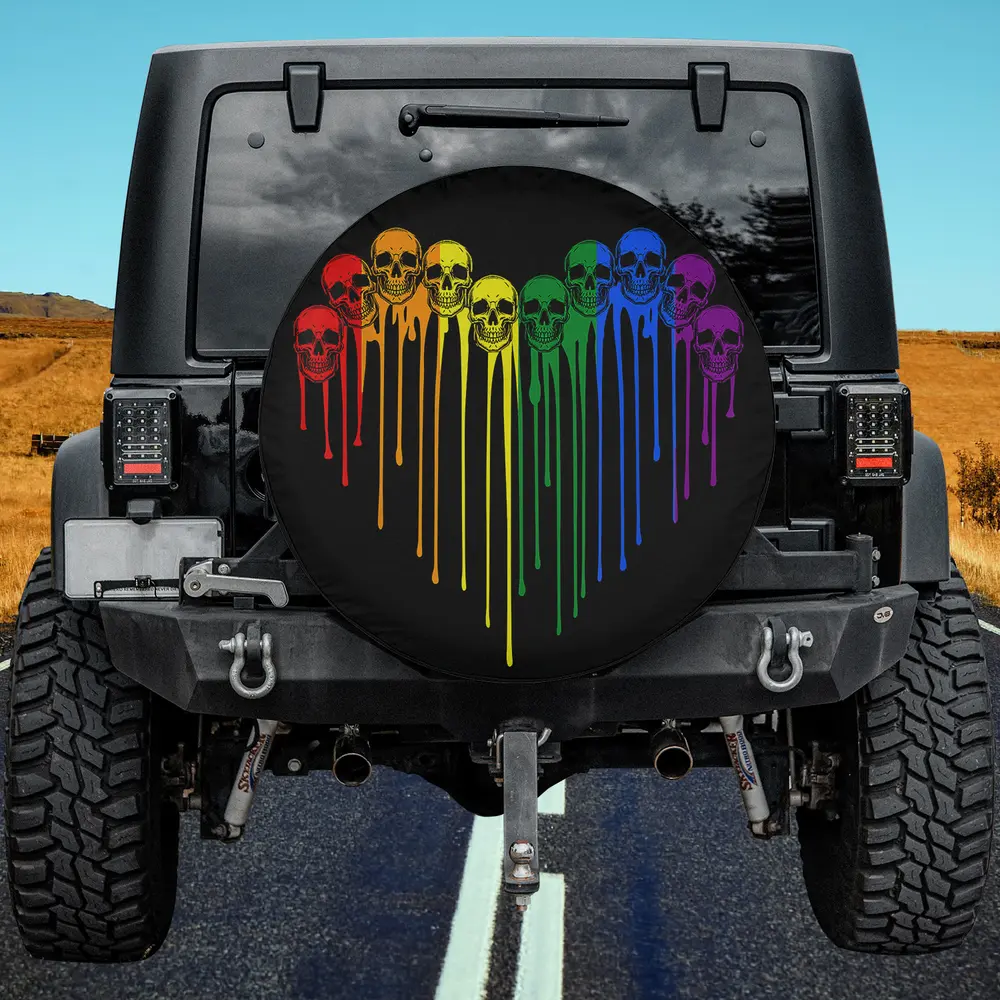Rainbow skull dripping heart LGBT spare tire cover with no camera hole