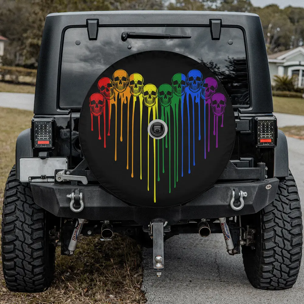 Rainbow skull dripping heart LGBT spare tire cover with backup camera hole