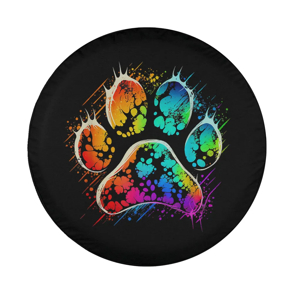 Rainbow splash dog paw print colorful dog lover spare tire cover design only
