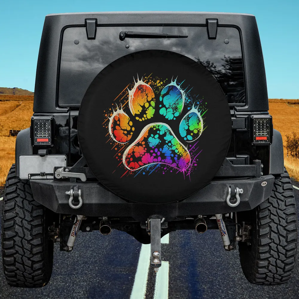 Rainbow splash dog paw print colorful dog lover spare tire cover with no camera hole