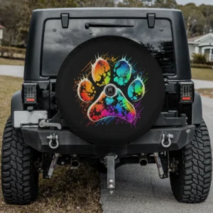 Rainbow splash dog paw print colorful dog lover spare tire cover with camera hole