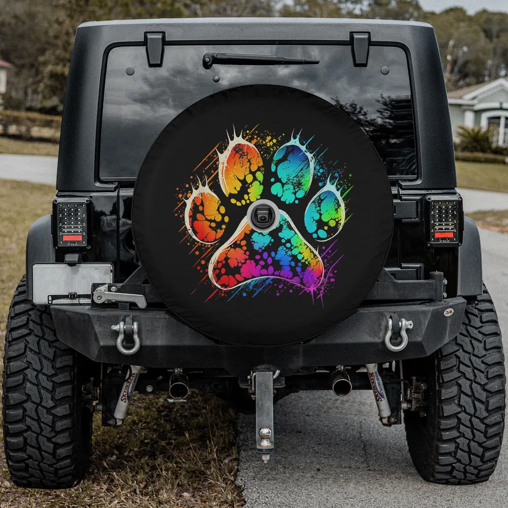 Rainbow splash dog paw print colorful dog lover spare tire cover with camera hole