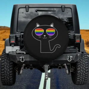 Rainbow sunglasses black cat lgbt pride spare tire cover with no camera hole