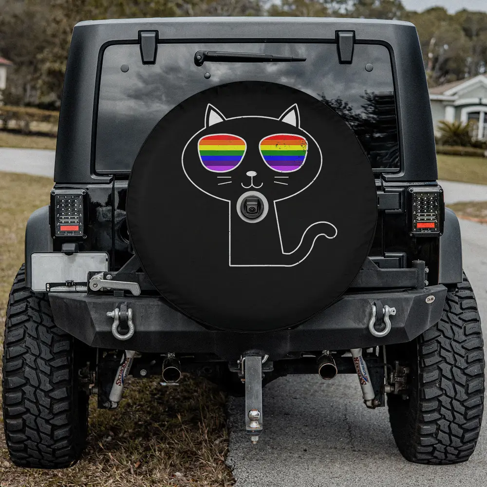 Rainbow sunglasses black cat lgbt pride spare tire cover with camera hole