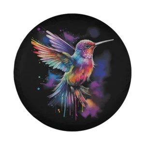Vivid rainbow watercolor hummingbird splash artwork for spare tire cover