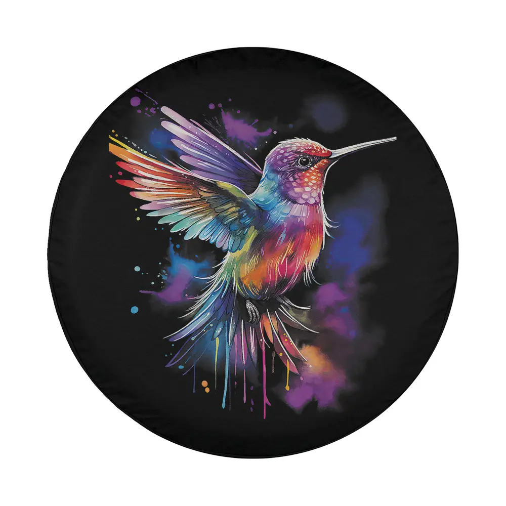 Vivid rainbow watercolor hummingbird splash artwork for spare tire cover
