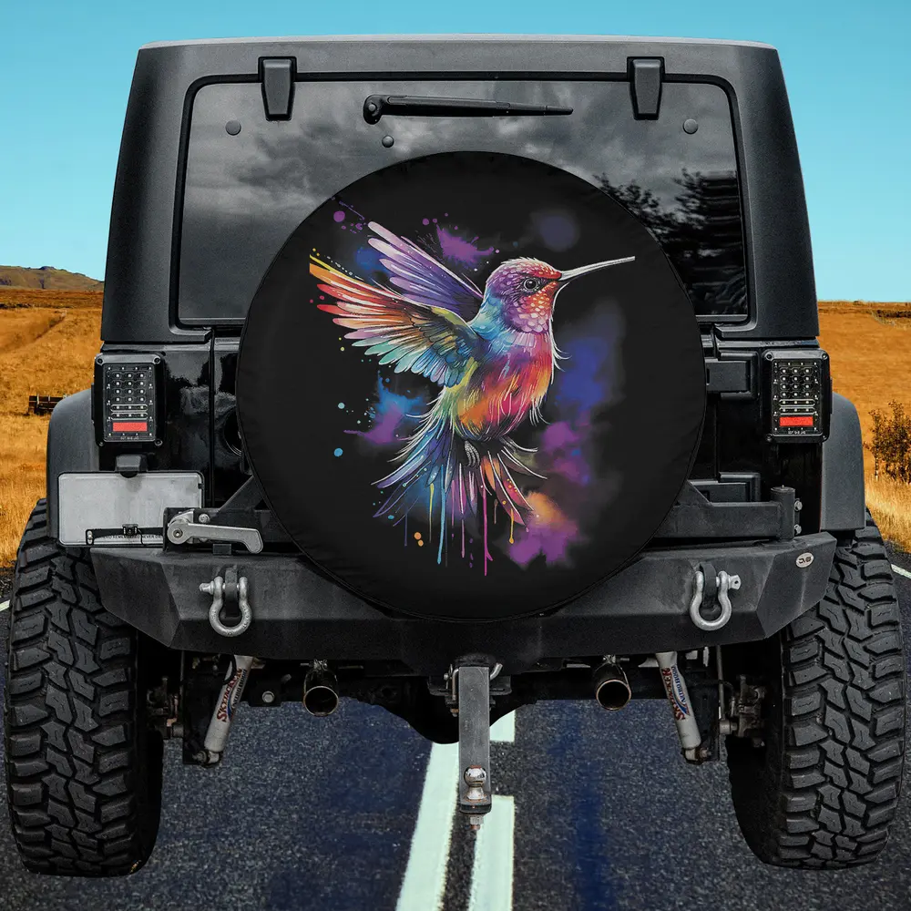 Rainbow watercolor hummingbird splash spare tire cover with no camera hole for Jeep and SUV