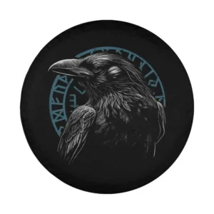 Detailed illustration of proud raven and Nordic runes Viking spare tire cover
