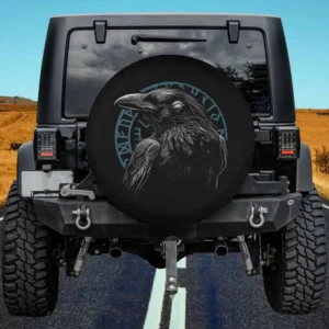 Proud raven with Nordic runes Viking spare tire cover on Jeep, no camera hole