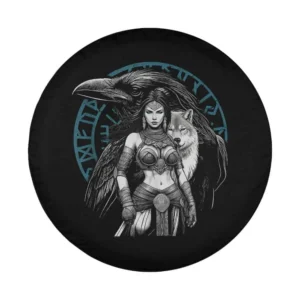 raven wolf shield maiden mythology spare tire cover design Norse fantasy art