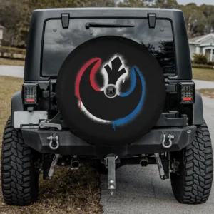 Rebel Alliance spray-paint Americana logo spare tire cover with backup camera hole