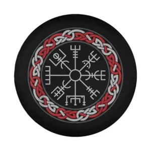 Red Celtic knot and Viking compass Vegvísir design for spare tire cover