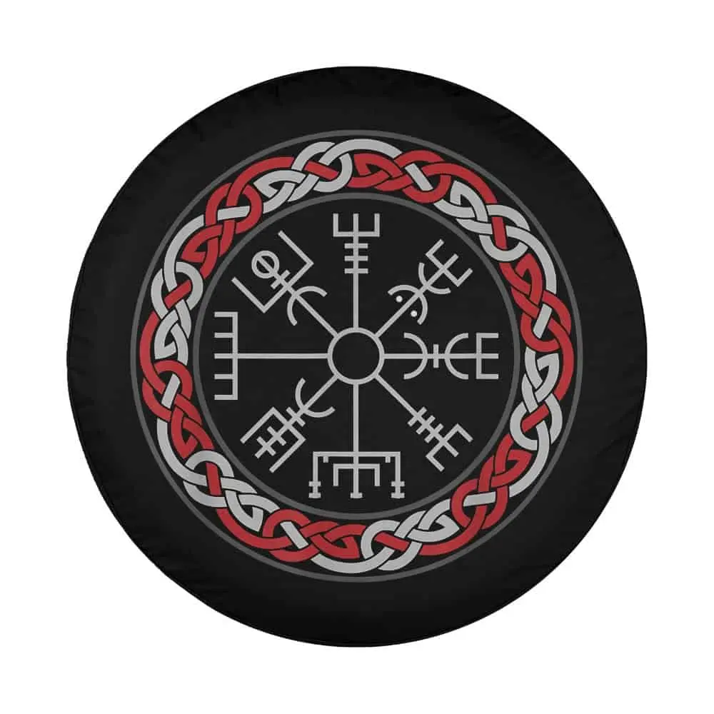 Red Celtic knot and Viking compass Vegvísir design for spare tire cover