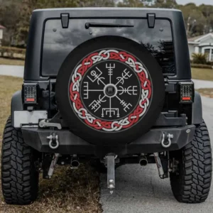 Red Celtic knot and Viking compass Vegvísir spare tire cover for Jeep Cherokee with camera hole