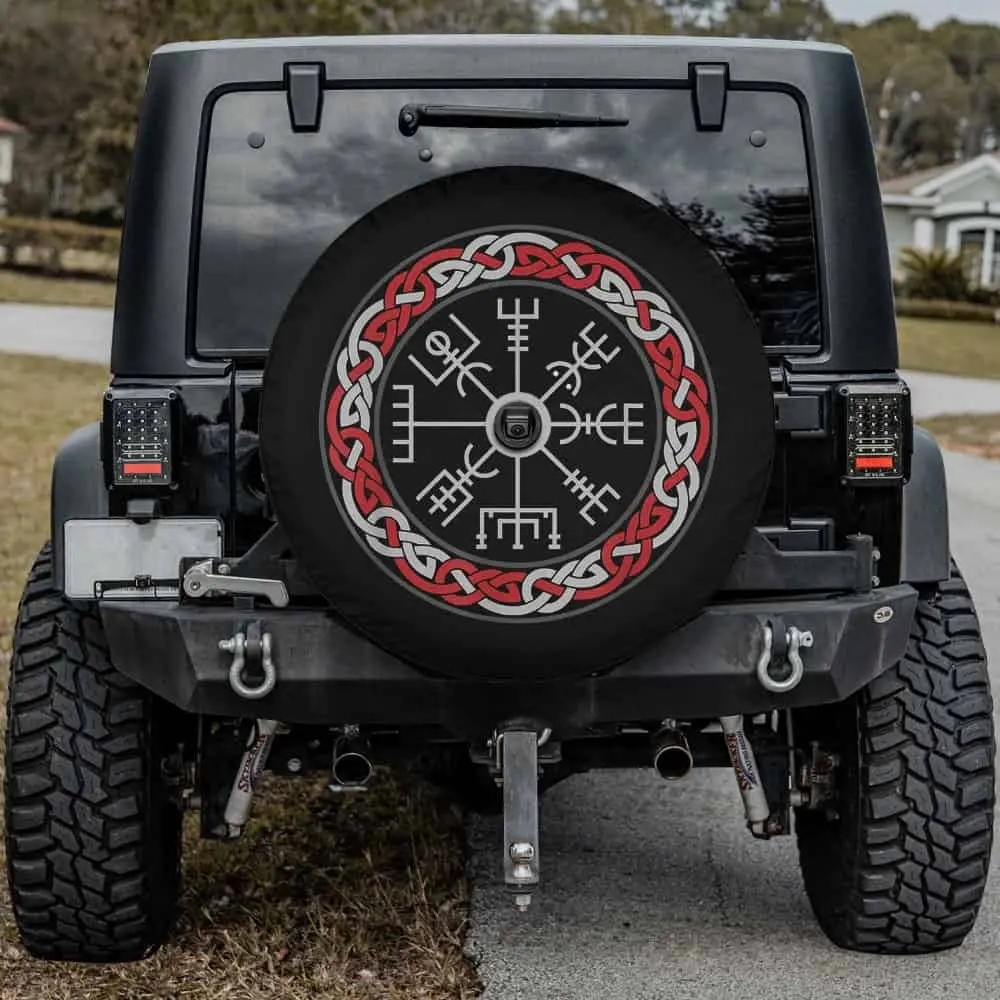 Red Celtic knot and Viking compass Vegvísir spare tire cover for Jeep Cherokee with camera hole