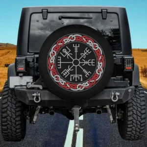 Red Celtic knot and Viking compass Vegvísir spare tire cover for Jeep Cherokee no camera hole