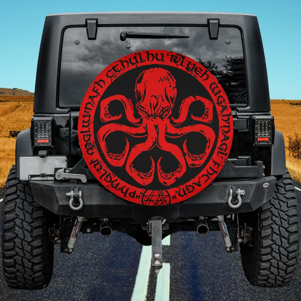 Red Cthulhu octopus with eldritch runes spare tire cover no camera hole