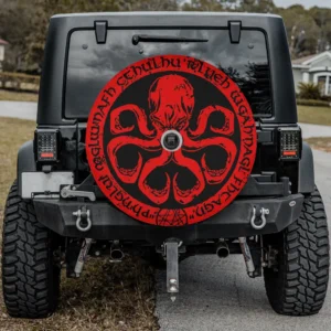Red Cthulhu octopus eldritch runes spare tire cover with camera hole option