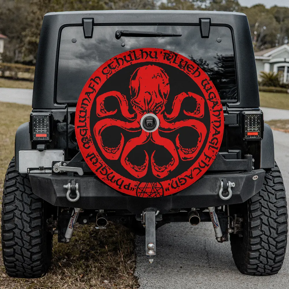 Red Cthulhu octopus eldritch runes spare tire cover with camera hole option