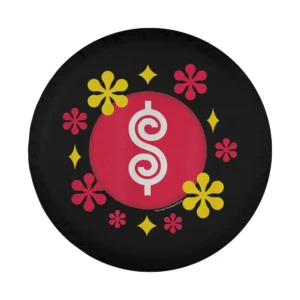 Red dollar logo yellow flowers game show retro design for spare tire cover