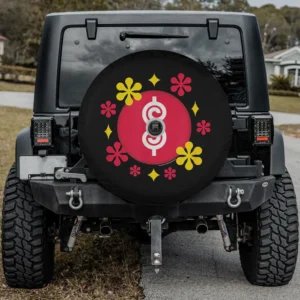 Red dollar logo yellow flowers game show spare tire cover with backup camera hole for Jeep SUV