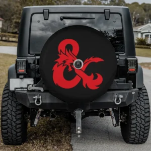 Red dragon ampersand Dungeons & Dragons spare tire cover for Jeep Cherokee with backup camera hole