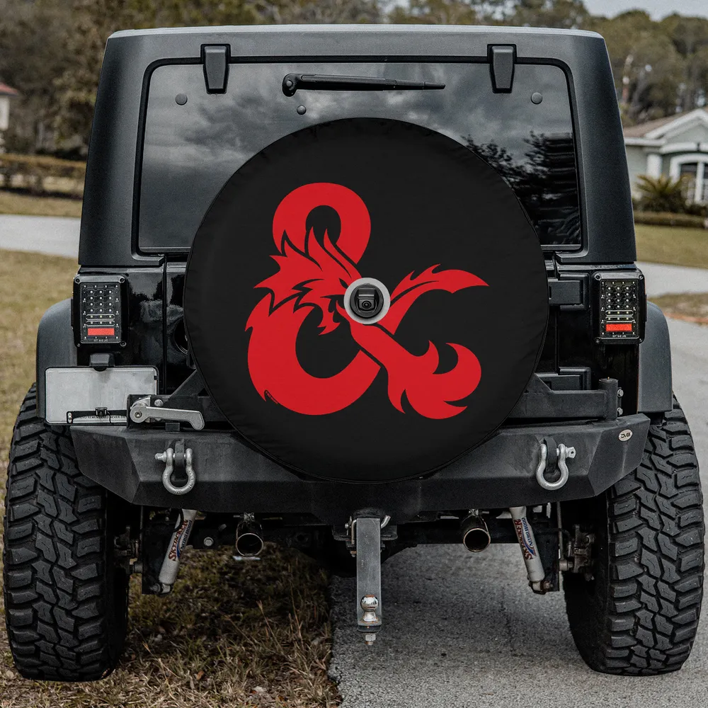 Red dragon ampersand Dungeons & Dragons spare tire cover for Jeep Cherokee with backup camera hole