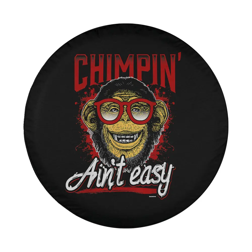 Cartoon chimpanzee with red glasses and grin on humor spare tire cover design
