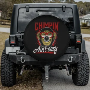 Red glasses grinning chimpanzee humor spare tire cover for Jeep SUV RV with camera hole
