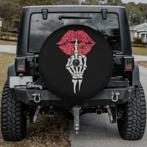 Red glitter lips skeleton hand joke spare tire cover with camera hole for SUV