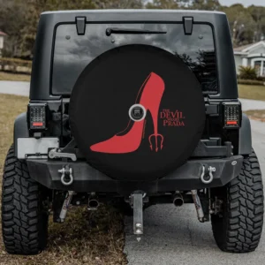 Red high heel pitchfork devil wears prada spare tire cover with camera hole for Land Rover Defender