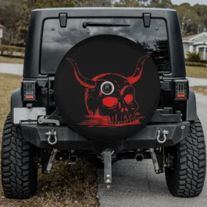 Red horned skull blood pool satanic occult spare tire cover with camera hole