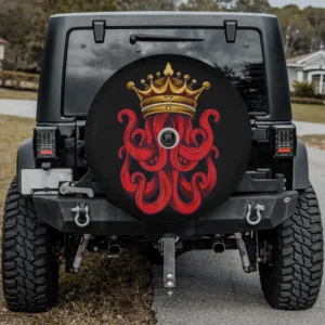 Octopus spare tire cover red kraken tentacles gold crown with backup camera hole
