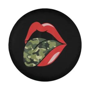 red lips camouflage tongue grunge design on spare tire cover closeup