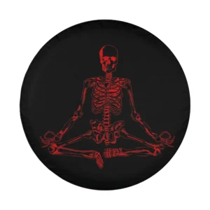 Red meditating skeleton in yoga pose Halloween tire cover art design