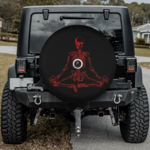Red meditating skeleton yoga Halloween spare tire cover with backup camera hole for SUV