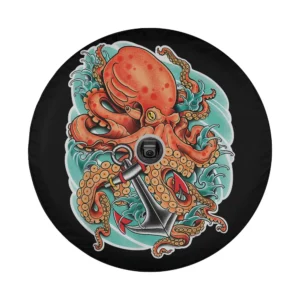 Red octopus and anchor nautical tattoo art on spare tire cover design