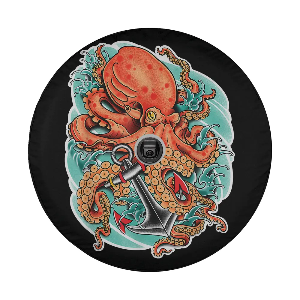 Red octopus and anchor nautical tattoo art on spare tire cover design
