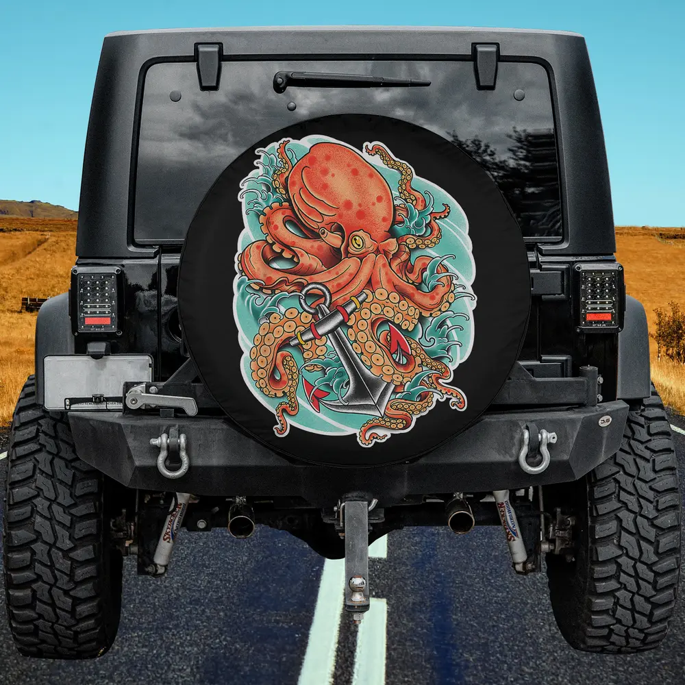 Red octopus anchor nautical tattoo spare tire cover with no camera hole