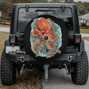 Red octopus anchor nautical tattoo spare tire cover with backup camera hole