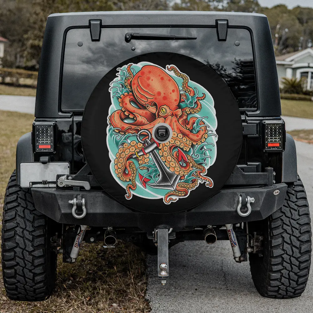 Red octopus anchor nautical tattoo spare tire cover with backup camera hole