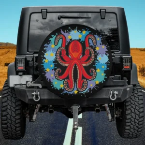 Red octopus color splash deep sea spare tire cover with cartoon stars for Jeep