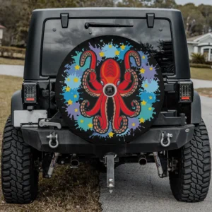 Red octopus color splash deep sea spare tire cover with camera hole for Halloween Jeep