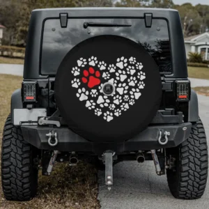 Red paw white paw heart dog spare tire cover with backup camera hole for Jeep, Bronco, RV