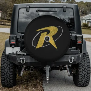 Yellow cracked Red Robin emblem spare tire cover for Jeep Gladiator, with camera hole