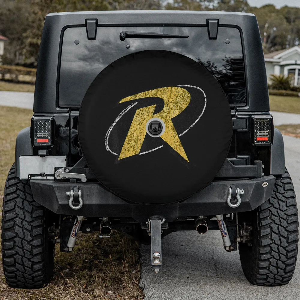 Yellow cracked Red Robin emblem spare tire cover for Jeep Gladiator, with camera hole